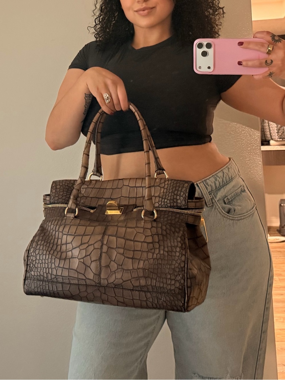 NWT Max Mara Brown Croc-Embossed Leather Satchel Bag Italy Turnlock Hardware